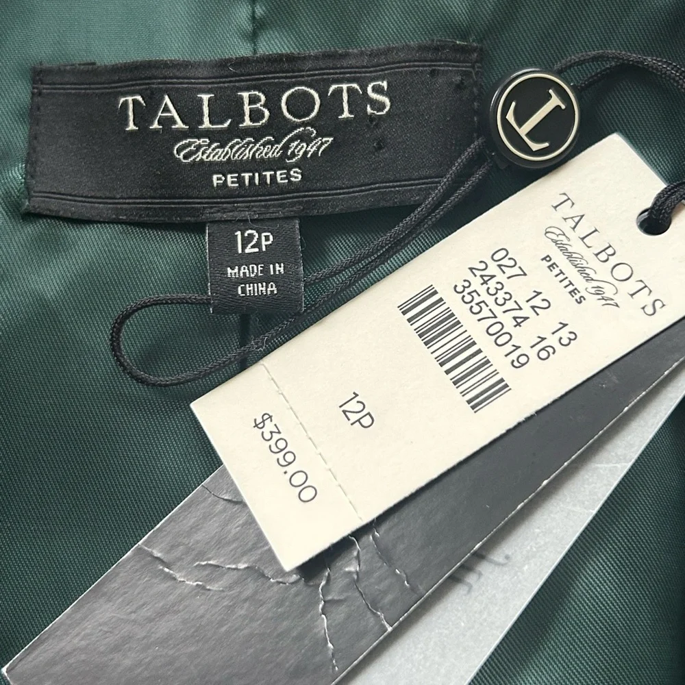 Talbots suede Green Wide Lapels 3/4 Sleeves jacket pea coat sz 12P
